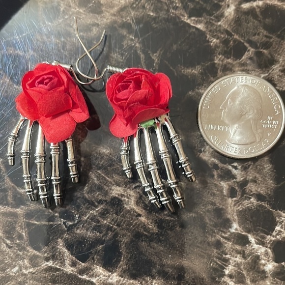 Silver Skeleton Rose Hand Halloween Earrings - Picture 5 of 9
